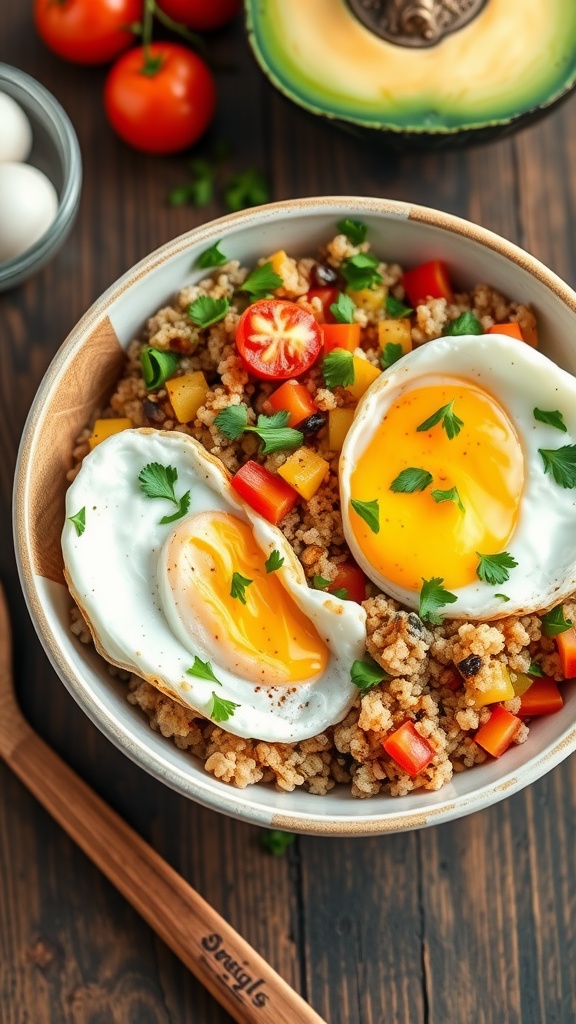 A nutritious quinoa and egg bowl with scrambled eggs and vegetables, garnished with herbs, on a rustic kitchen table.